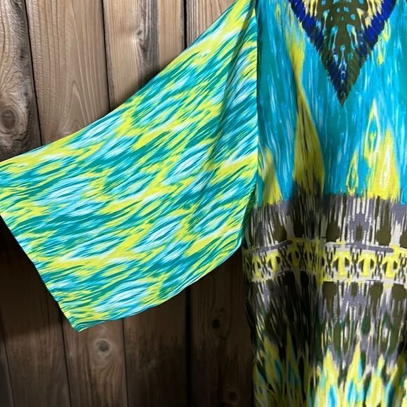 Notations cardigan semi-sheer yellow green brown geometric Small FIRM on PRICE - Picture 3 of 8